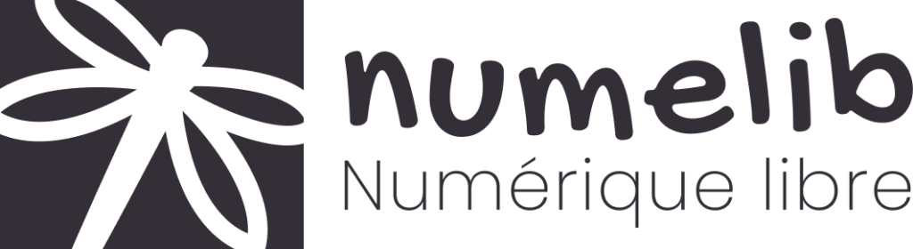 logo d'une libellule dans un écran d'ordinateur avec a côté les textes Numelib, Numérique Libre